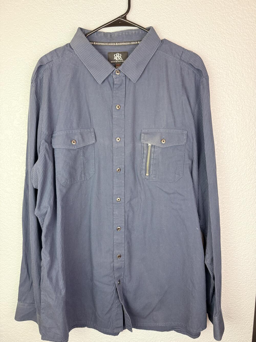 Rock & Republic Shirt Mens 2XL Blue Stripe Long Sleeve Button Up Zip Pocket